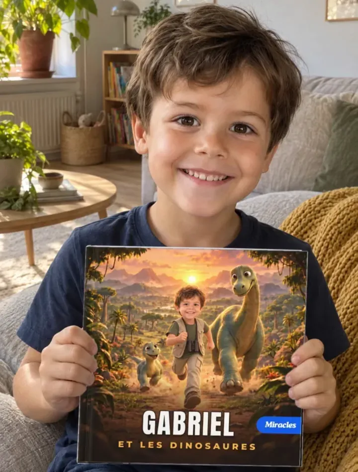 Un petit garçon souriant sur le canapé tient son livre « Gabriel et les dinosaures », avec lui-même en couverture, aux côtés de deux dinosaures