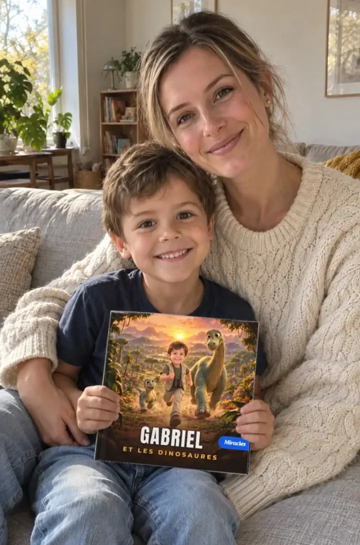 Une maman et son fils sur le canapé, tout sourire, il tient son propre livre de dinosaures