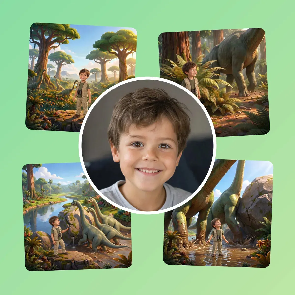 Sa photo au centre, et autour quatre scènes du livre où il explore la vallée des dinosaures